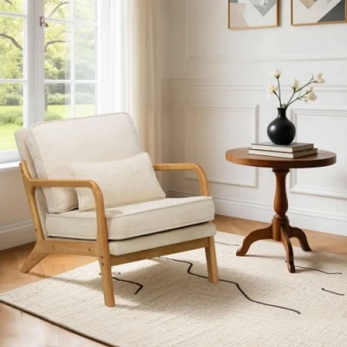 Ora Maison Beige Modern Accent Chair with Lumbar Pillow and Wooden Frame for Living Room or Office