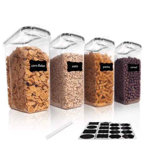 Set of 4 Airtight Food Storage Containers, 135.2 fl oz, Black, with Labels and Marker