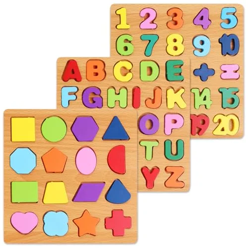 Alphabet Wooden Puzzles for Toddlers 3-5, Pack of 3 ABC, Number and Shape Puzzle, Preschool Educational Learning Toys with Puzzle Board & Letter Blocks for Girls Boys Ages 3 4 5 Years Old