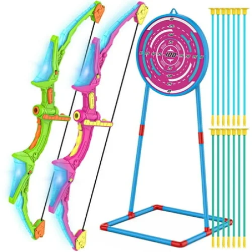 2 Pack Kids Bow and Arrow Set with LED Flash Lights, 14 Arrows, and Standing Target for Ages 4-12