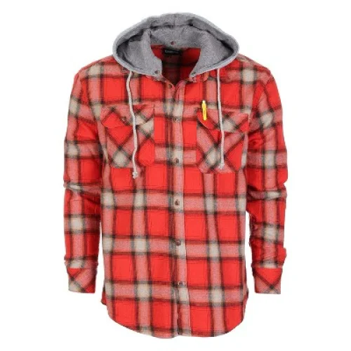 Gioberti Men's Removable Hoodie Plaid Checkered Flannel Shirt, Red / Black / Orange, Small