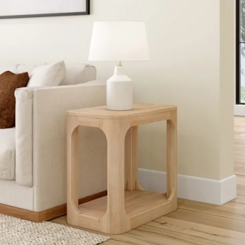Plank+Beam Rectangular Side Table with Shelf, Slim Side Table for Living Room, Blonde
