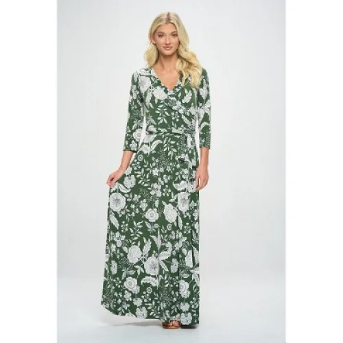 WEST K Women's Grace Faux-Wrap Maxi Dress with Tie Waist - Medium - Green White Floral
