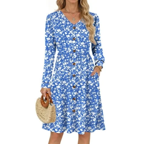 Fantaslook Long Sleeve Dresses for Women V Neck Casual Fall Dress Button Floral Midi Dresses with Pockets