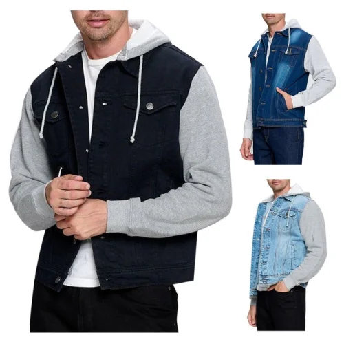 Men's Jean Jacket Hoodie Cotton Denim Long Sleeve Hybrid Hooded Trucker Jacket