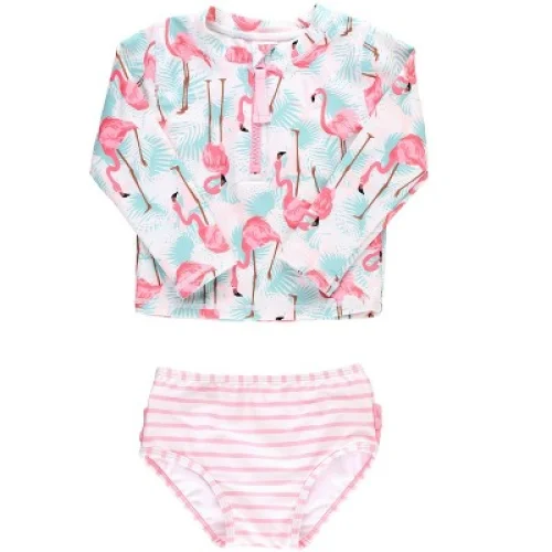RuffleButts Infant Long Sleeve Zipper Rash Guard 2-Piece - Vibrant Flamingo , Size: 12-18m
