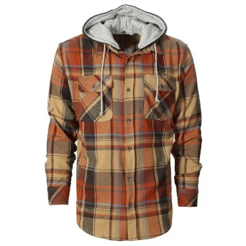 Gioberti Men's Removable Hoodie Plaid Checkered Flannel Shirt, Khaki / Umber, X-Large