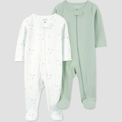 Carter's Just One You&reg; Baby 2pk Sleep N' Play - Green/Ivory 3M: Footed Pajamas, Long Sleeve, Two-Way Zipper