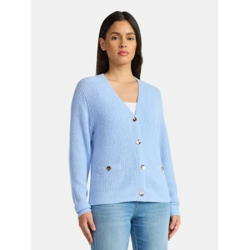 Time and Tru Women's V Neck Button Front Boucle Cardigan Sweater with Long Sleeves, Mid-weight, Sizes XS-XXXL