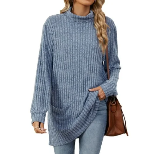 TEMOFON Sweaters for Women Long Sleeve Tunic Tops Casual Fall Turtleneck Soft Sweaters With Pocket Loose Pullover Winter Clothes