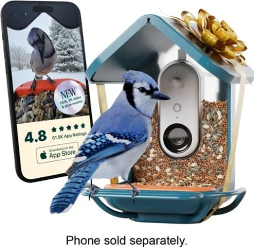 Bird Buddy - Smart Bird Feeder w/ Solar Roof (Pro Camera Version w/ Extended Perch) - Blue