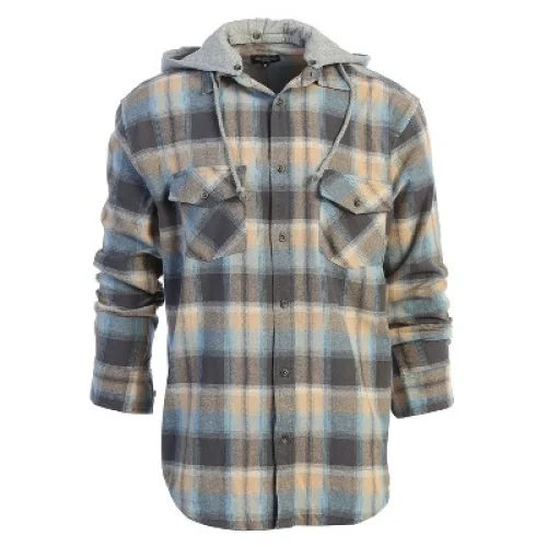 Gioberti Men's Removable Hoodie Plaid Checkered Flannel Shirt, Blue / Gold, Large