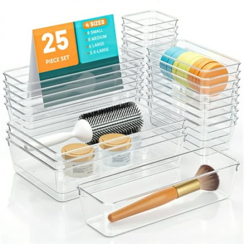 25 PCS Clear Plastic Drawer Organizer Set with Silicone Pads for Makeup, Jewelry, and Gadgets