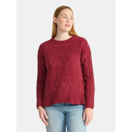 Time and Tru Women's Chenille Cable Knit Crewneck Sweater, Midweight, Sizes XS-XXXL