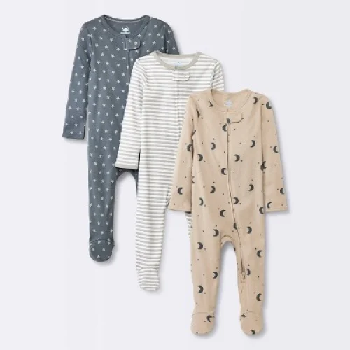Baby 3pk Cotton Moons Sleep N' Play - Cloud Island&trade; Gray 0-3M: Footed Pajamas, Long Sleeve, Covered Zipper, Machine Washable