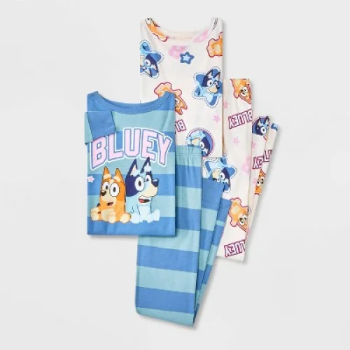 4pc Girls' Bluey Long Sleeve Pajama Set - Blue 6 - 100% Cotton Fabric with Elastic Waistbands