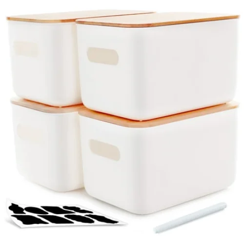 4 Pack White Stackable Storage Bins with Bamboo Lids - 10" x 7" x 6"