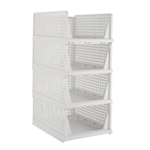 TINANA Stackable Plastic Storage Basket 4 Pack, Drawer Shelf Storage Container, Foldable Closet Organizers and Storage Bins for Wardrobe Cupboard Kitchen Bathroom Office-White