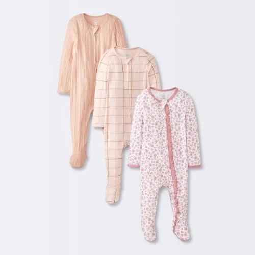 Baby Girls' 3pk Floral Sleep N' Play - Cloud Island&trade; Peach 3-6M