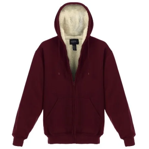 Men's Heavyweight Faux Shearling Lined Fleece Hoodie Jacket, Maroon, Large