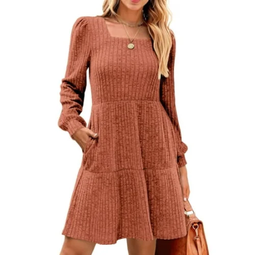 Fantaslook Fall Dresses for Women Square Neck Long Sleeve Casual Babydoll Sweater Dress