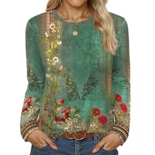Fantaslook Women Tunic Tops Casual Long Sleeve Floral Shirts Crew Neck Fall Tops