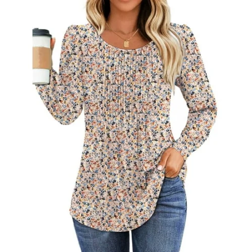 Fantaslook Pleated Blouses for Women Dressy Casual Long Sleeve Shirts Fall Tunic Tops