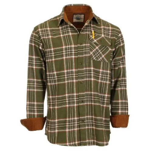 Gioberti Men's 100% Cotton Brushed Flannel Plaid Checkered Shirt with Corduroy Contrast, Olive / White / Orange, Small