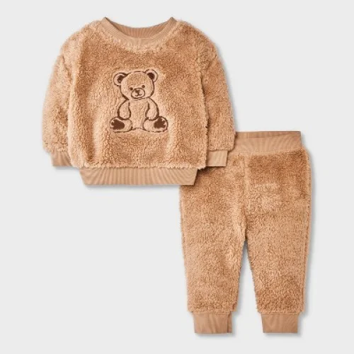 Baby 2pc Faux Shearling Teddy Bear Sweatshirt and Jogger Pants Set - Cat & Jack&trade; Brown 6-9M