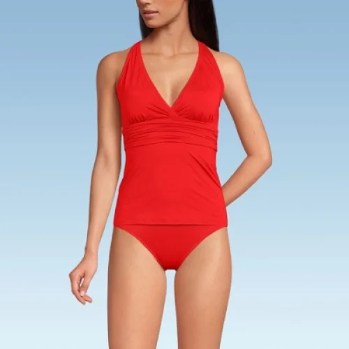 Lands' End Women's V-Neck Plunge X Back Tankini Top 24.5" - Small - Daylily Red