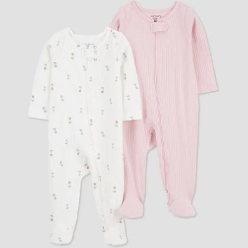 Carter's Just One You&reg; Baby Girls' 2pk Floral Sleep N' Play - Pink/Ivory 9M: Footed Pajamas, Two-Way Zipper