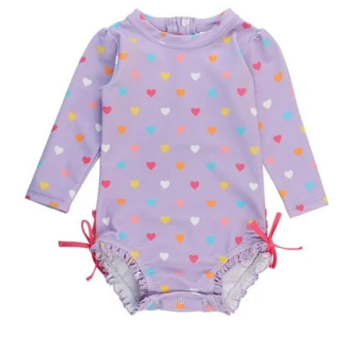 Rufflebutts Baby Girls Upf50+ Long Sleeve One Piece Rash Guard - Lavender Colorful Hearts, 12-18m