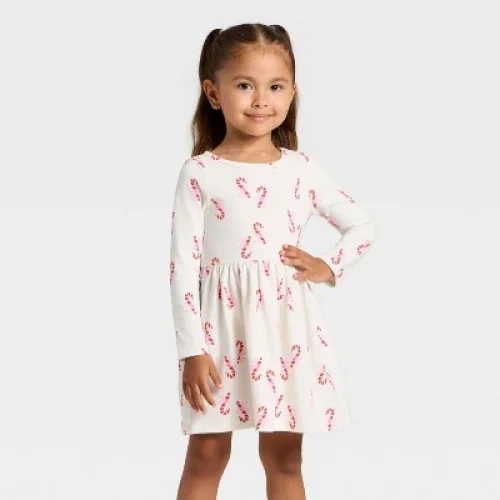 Toddler Girls' Long Sleeve Candy Cane Dress - Cat & Jack&trade; Cream 4T