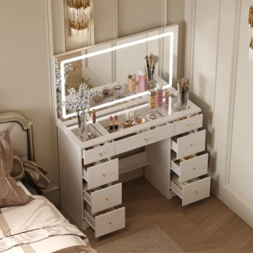 Famapy Elegant White Vanity: Large Mirror, Glass Top & Abundant Storage Vanity Table Makeup Vanity Desk Dressing Table Dresser