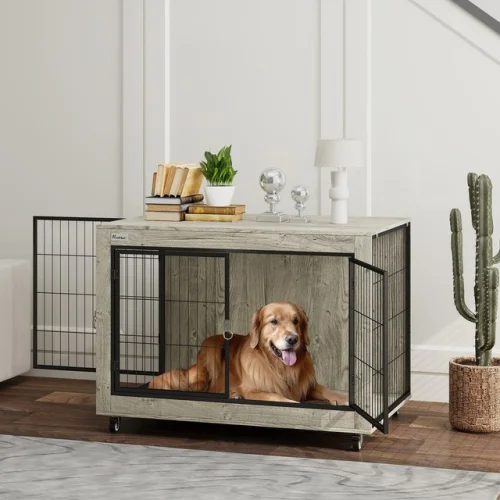 PawHut 39" Dog Crate Furniture on Wheels, for Large Dogs, Gray