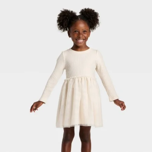 Toddler Girls' Long Sleeve Sparkle Ribbed Tulle Dress - Cat & Jack&trade; Beige 5T
