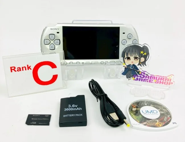 Sony PSP-3000 Mystic Silver Console C Rank & New Battery USB Cable Set 2804