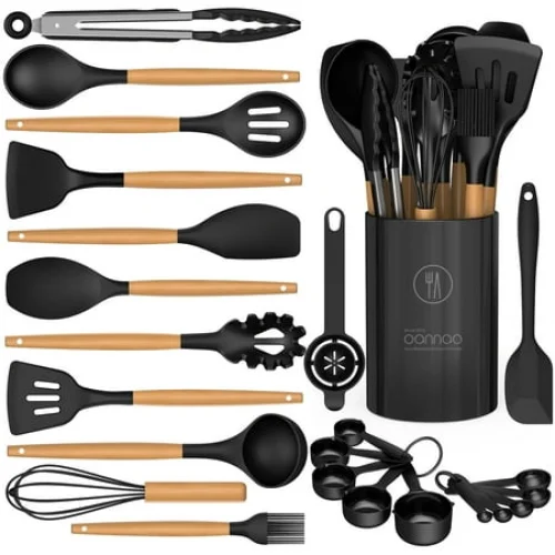 Silicone Cooking Utensils Set - Silicone Kitchen Utensils for Cooking Wooden Handles, 446&deg;F Heat Resistant Kitchen Utensil Spatula Sets w Holder, Gadgets for Non-Stick Cookware BPA FREE (Black)