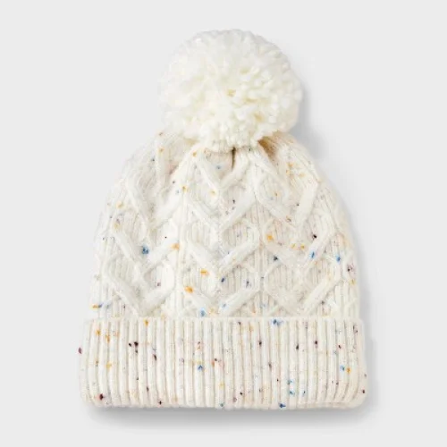 Toddler Girls' Heart Cable Knit Beanie With Pom - Cat & Jack&trade; Cream 12-24M