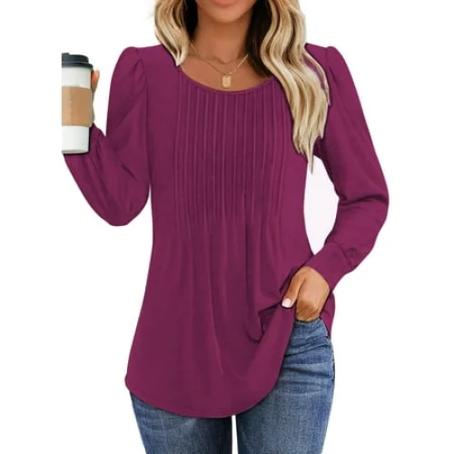 Fantaslook Pleated Blouses for Women Dressy Casual Long Sleeve Shirts Fall Tunic Tops