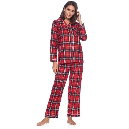 Women's Casual Nights Flannel Long Sleeve Button Down Pajama Set - Red Black Plaid - XX-Large