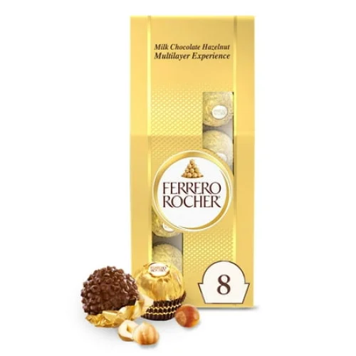 8 Individually Wrapped Ferrero Rocher Gourmet Hazelnut Milk Chocolate Gift Box, 3.5 oz