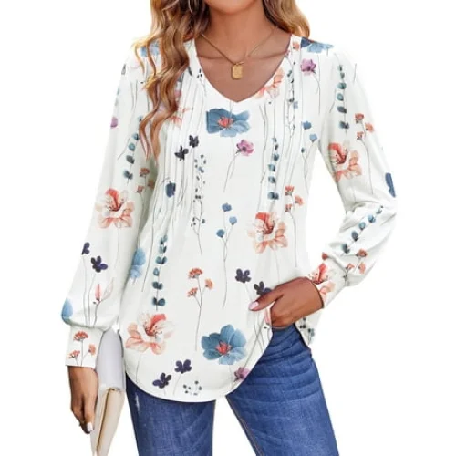 Fantaslook Long Sleeve Shirts for Women Fall Tops Dressy Casual Blouses Pleated V Neck Tunic Tops