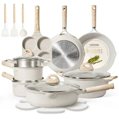 Carote 21pcs Non-Stick Pots and Pans Set, Induction Ready Kitchen Cooking Set, Beige