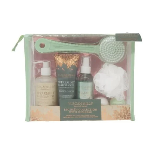 8-Piece Tuscan Hills Bath and Body Gift Set with Spearmint and Argan Oil and Mesh Bag