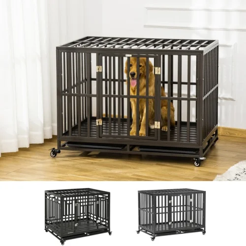 PawHut Heavy Duty Steel Dog Crate Kennel with Wheels and 1 Access Door, Black
