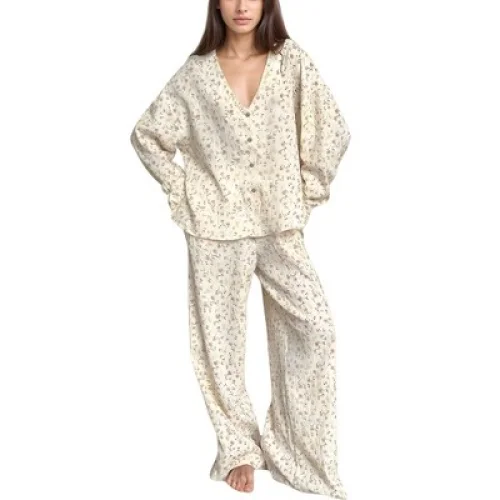 Anna-Kaci Lounge Women's Floral Print Woven Pajama Set with V-Neck Button Down Top and Wide Leg Elastic Waist Pants - Small, Light Beige