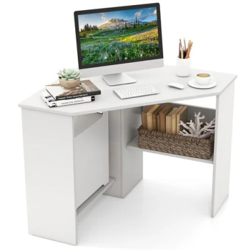 Costway Corner Computer Desk with Storage Shelf, White Triangle Writing Workstation
