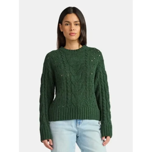 Time and Tru Women's Cable Knit Pullover Sweater with Long Sleeves, Sizes XS-XXXL