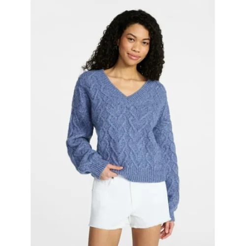 No Boundaries V-Neck Pullover Sweater, Midweight, Women's XXS-XXL